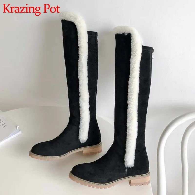Krazing Pot/Зимние Модные Разноцветные сапоги из флока с кроличьим мехом; женская повседневная одежда с круглым носком на среднем каблуке; теплые высокие сапоги до бедра; L93