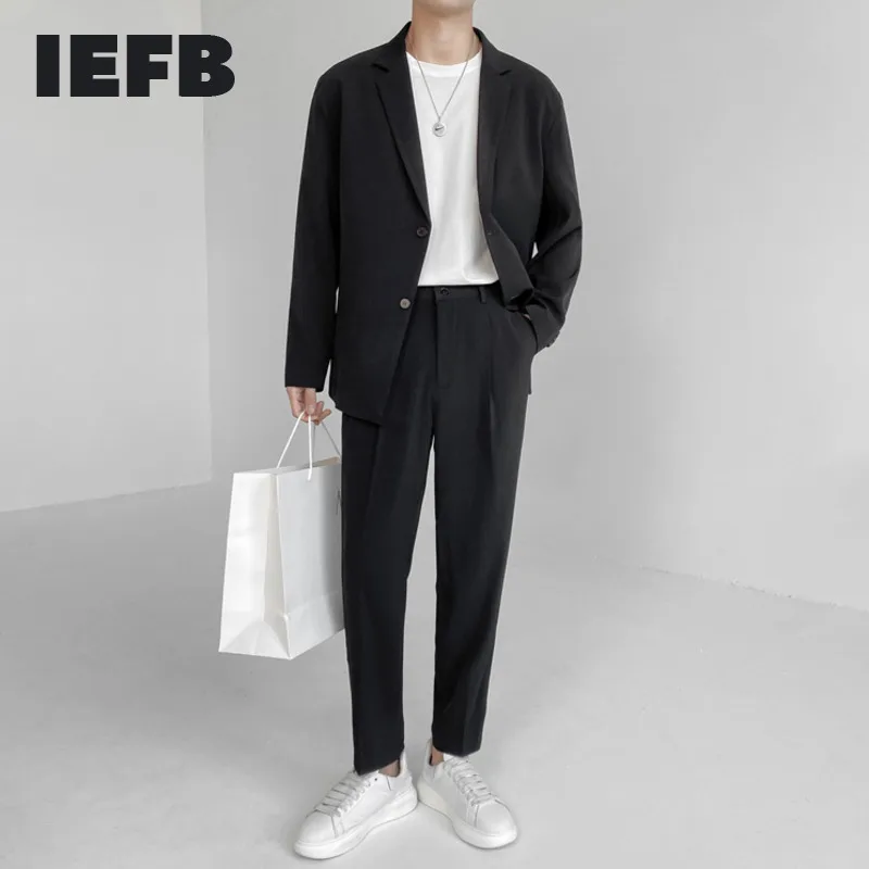 IEFB Men's Suit Two Pieces Set Simple Light Mature Loose Long Sleeve Suit Coat + Pants Green