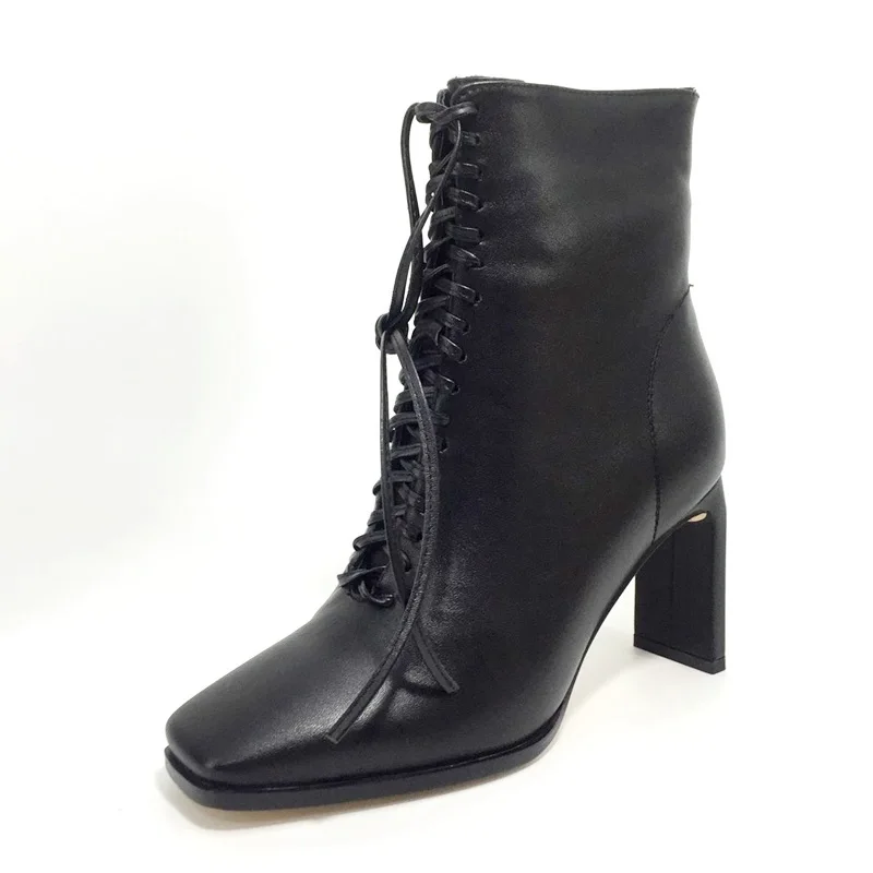 Cena Marka projekt sznurowane skóra z mikrofibry botki dla kobiet sexy szpilki moda plac toe buty damskie duże rozmiary nude pompy