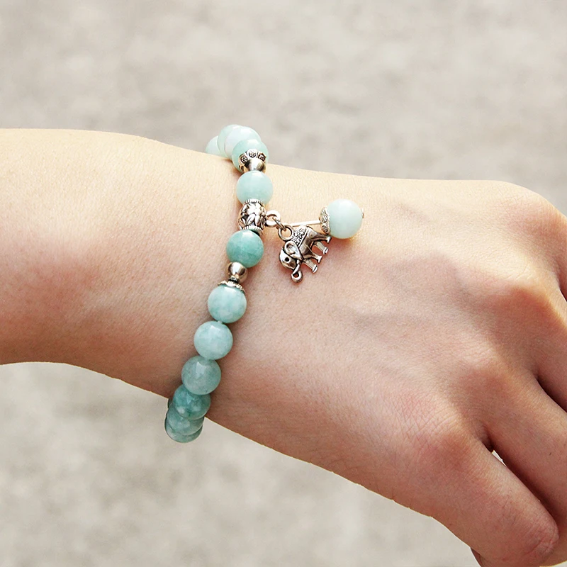 Stone Bead Bracelet Natural Stone Bracelet Beaded Bracelet Fashion Natural Blue Chalcedony Beads Bracelet Cute Elephant Pendant Charm Bracelet for Women Yoga Energy Jewelry Gifts