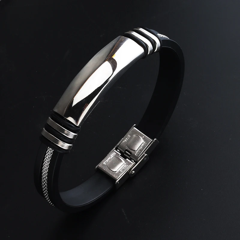 Trend Jewelry Stainless Steel Popcorn Chain Black Silicone Bracelet Classical Titanium Steel Rubber Cuff Bracelet for Men bracelet jewelry