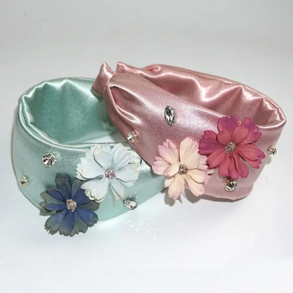 

Satin Rhinestone Flowers Wide Hairbands For Women Korea Hair Accessories Girls Hair Band Crown Bow Headbands Head Wrap ms