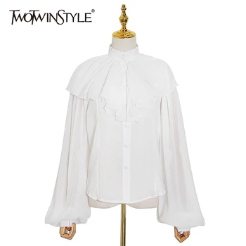 

TWOTWINSTYLE White Patchwork Ruffle Chiffon Blouse For Women Lantern Sleeve Elegant Blouse Female 2020 Summer Fashion New