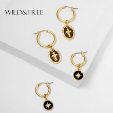 Wild& Free, винтажные маленькие серьги-кольца для женщин, девушек, эмаль, золотая круглая монета, очаровательный крестик-кулон, серьги, пирсинг, серьги, ювелирные изделия