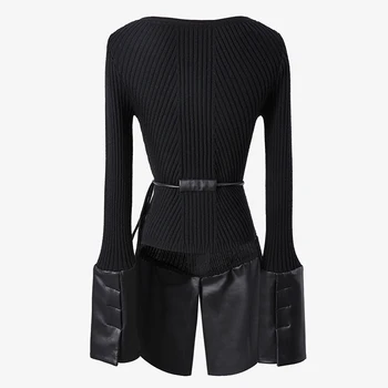 Patchwork Black Sweater Long-Wide-Open-Sleeves Lace-Up Waist Wet-Look 1