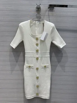 

Luxury Brand Knitted Mini Dress 2020 Summer High-end Women's New Elegant Slim Buttons Pockets Shoulder Pad Waist Bag Hip Dresses