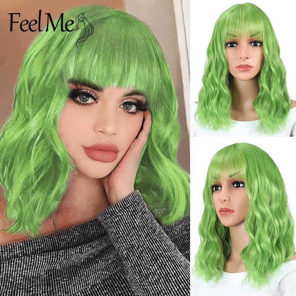 Синтетические Короткие парики FeeL Me с челкой Омбре зеленый цвет 14 дюймов