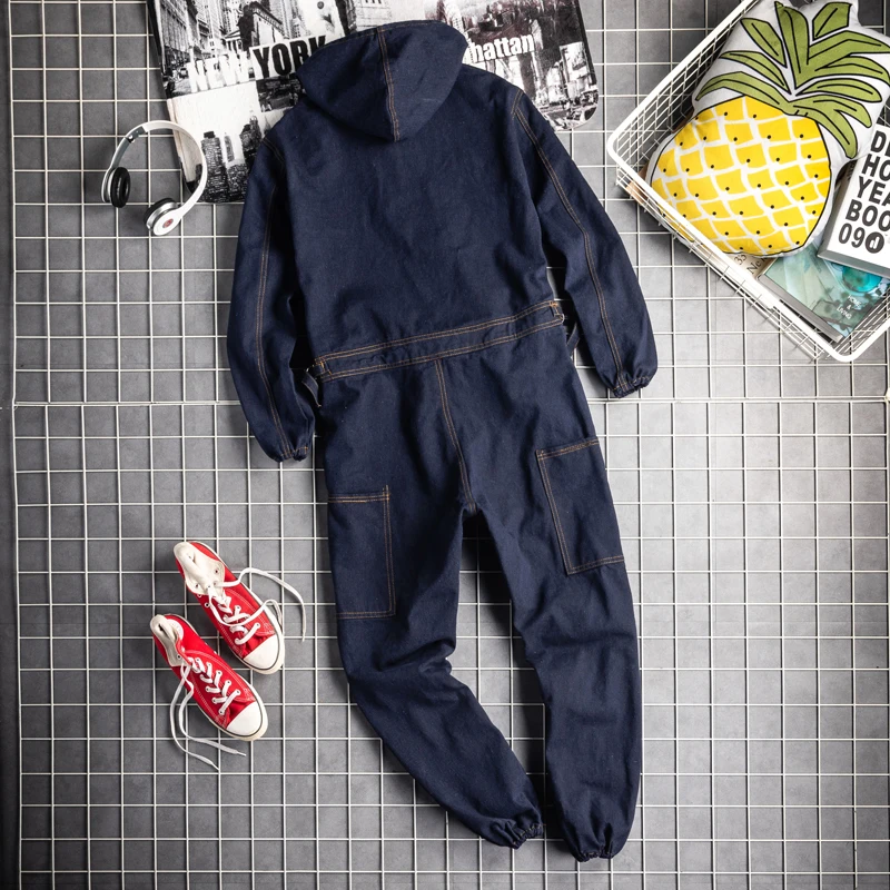 Autumn and winter men's long-sleeved hooded jumpsuit hip hop Japanese retro trend overalls men's casual jumpsuit
