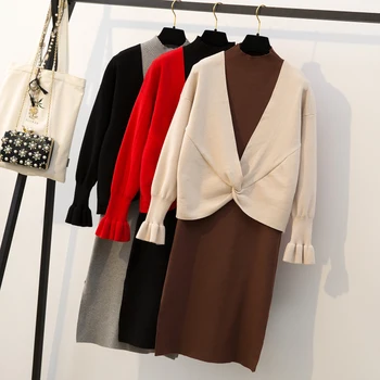 

Plus Size good quality Autumn Women's Sweater + Straped Dress Sets Female Casual Two-Piece Suits Loose Sweater Knit Mini Dresses