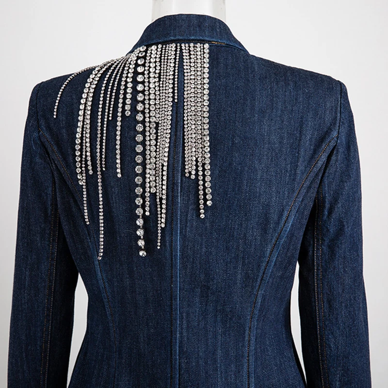 GALCAUR Patchwork Crystal Tassel Women's Blazer Notched Long Sleeve Double Breasted Tunic Denim Coats Female Fashion New