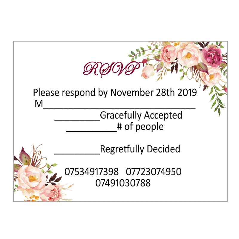 

(50 pieces/lot) Personalized Design Printing RSVP Card Respond Cards Mini Reception Reply Card For Invitation IC101M