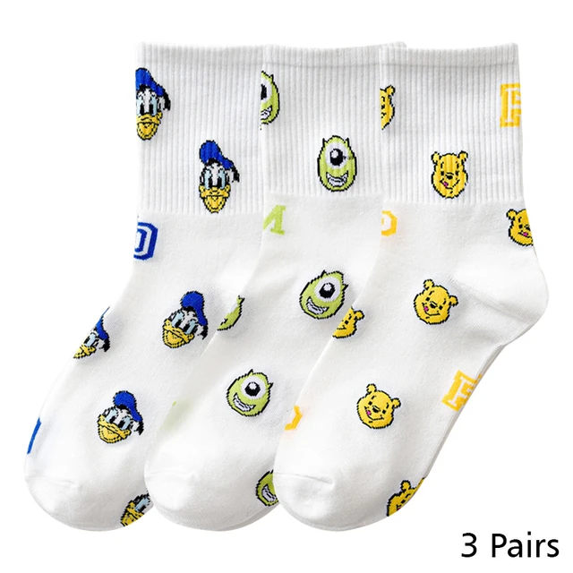 8 Pairs Disney Cartoon Socks Cute Mickey Minnie Daisy Donald Winnie Piglet Print White Funny Harajuku Fashion Kawaii Girl Sock HD015