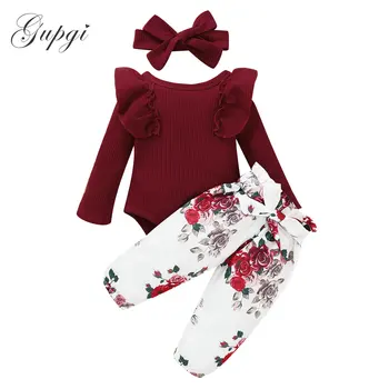 

Infant Baby Girl Flower Clothes Set Newborn Baby Autumn Knitted Ruffles Romper Bow Pants Outfits