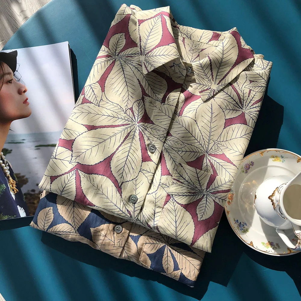 Elfbop Ladies/Women Silk & Cotton Leaves Printed Long Sleeve Lapel Blouse Shirt Top 3