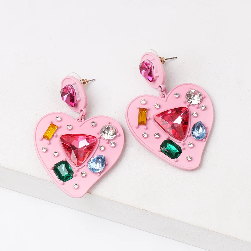 

JURAN Bohemian Multicolor Acrylic Lovery Heart Dangle Earring For Women Trendy Rhinestone Metal Statement Wedding Jewelry Gift
