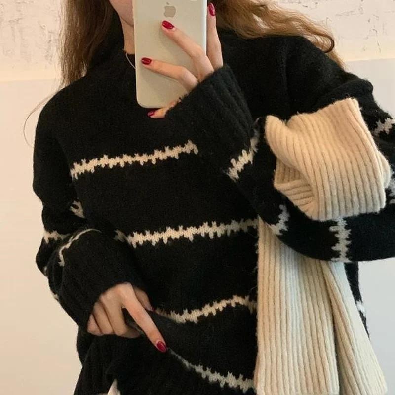 Women Warm Thick Stiped Sweater Pullover Autumn Winter Long Sleeve loose Lazy Half Turtleneck Outwear Female Casual_voghion.com