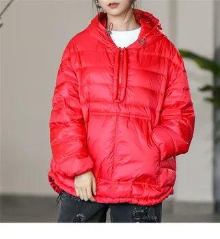 

Down Coat Women Pullover Hooded Half Zip Neck Solid Hoodies Thin Casual White Duck Down Outerwear