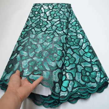 

(5yards/pc) high quality teal green African sequins net lace latest French lace fabric with embroidery for party dress FLP250