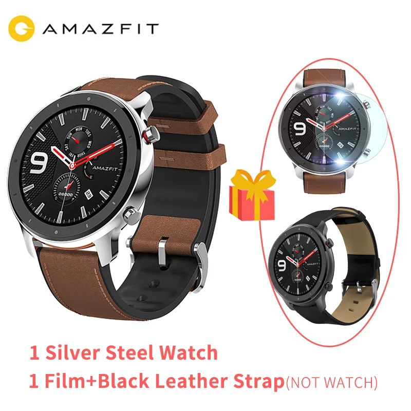 【ES запас 】 47 мм Huami AMAZFIT GTR Смарт-часы, глобальная версия, gps 5ATM Водонепроницаемый Smartwatch активно-матричные осид, Экран 24 дней Срок службы батареи - Цвет: silver black leather