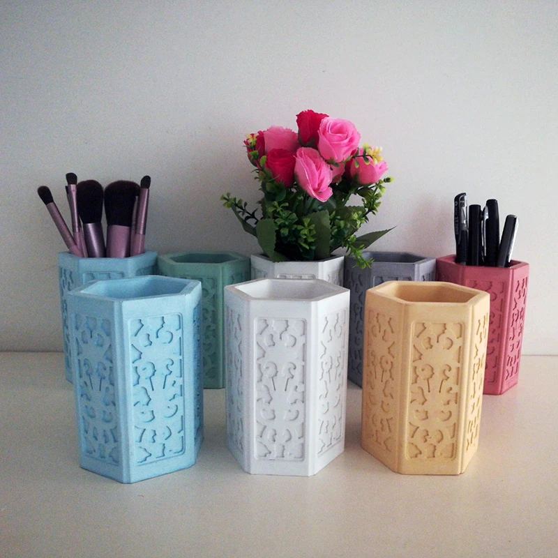 Pen Holder Plaster Molds Hexagon Concrete Silicone Mold Cement Clay Mould Container Vase | Дом и сад