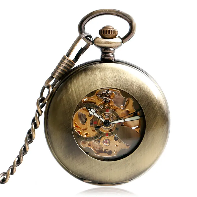 Self Wind Pocket Watch Copper Fashion Bronze Pendant Smooth Retro Skeleton Unisex Automatic Mechanical Stylish Thanksgiving Gift