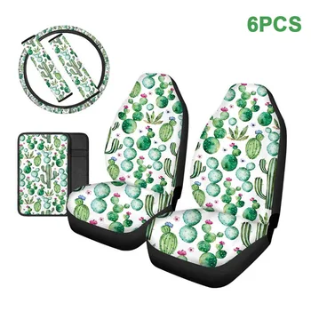 

6pcs Soft Front Car Seat Cover Set Non Slip Cactus Print Protector Universal Fit Multifunction Easy Install Dustproof Breathable