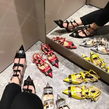 

Nightclub shoes 2019 Summer tide shoes banquet sandals women Sandals hollow silk satin flat with bow flat pointed shoes