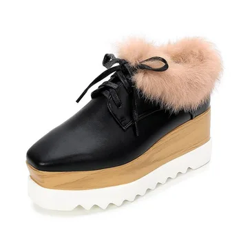 

33~41 Plus Size Winter Keep Warm Woman Wedge Heels Shoes Suede Rabbit Fur Mules Plush Furry Moccasins Ladies XX10-16