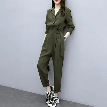 

Women 2020 Spring Autumn Long Sleeve Slim Casual Jumpsuit Female Belted Waist Wide Leg Pants Lady Fashion Elegant Overalls N343