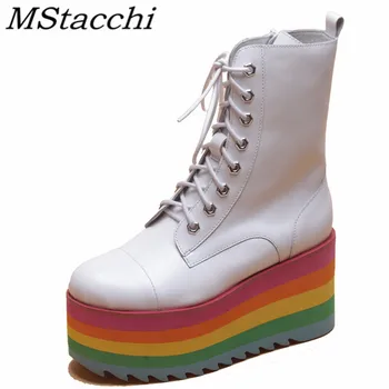 

MStacchi New Rainbow Ankle Boots For Women High Platform Heels Short Boots Mujer Genuine Leather Lace-up Shoes Ladies Party Shoe