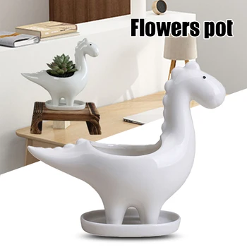 

Ceramic Dinosaur Shape Succulent Pot with Drainage Tray Flower Container for Indoor Plants QP2
