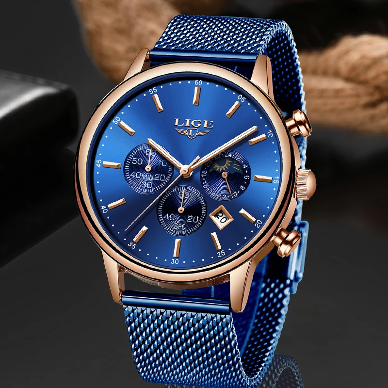 Tanie 2019 nowy LIGE niebieski swobodna siateczka pas moda złoty zegarek kwarcowy męskie zegarki Top marka luksusowy wodoodporny zegar Relogio Masculino