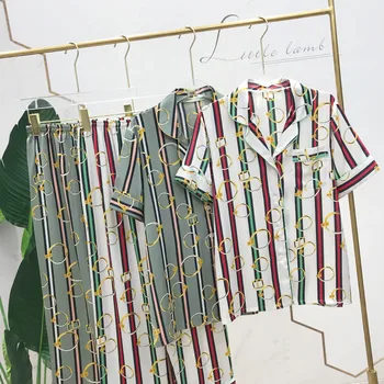 

HaloSweet Turn-down Collar Summer Full Length Pajama SetsTwo Pieces Short Sleeves High Quality Pyjamas Women Sleepwear Homewear