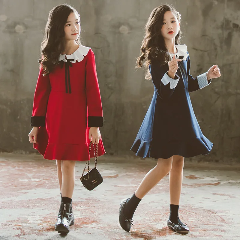 

Girls Autumn and Winter Dress Long-sleeved 2019 Korean Children's Dress Autumn Solid Color Ruffled Big Children's Dress