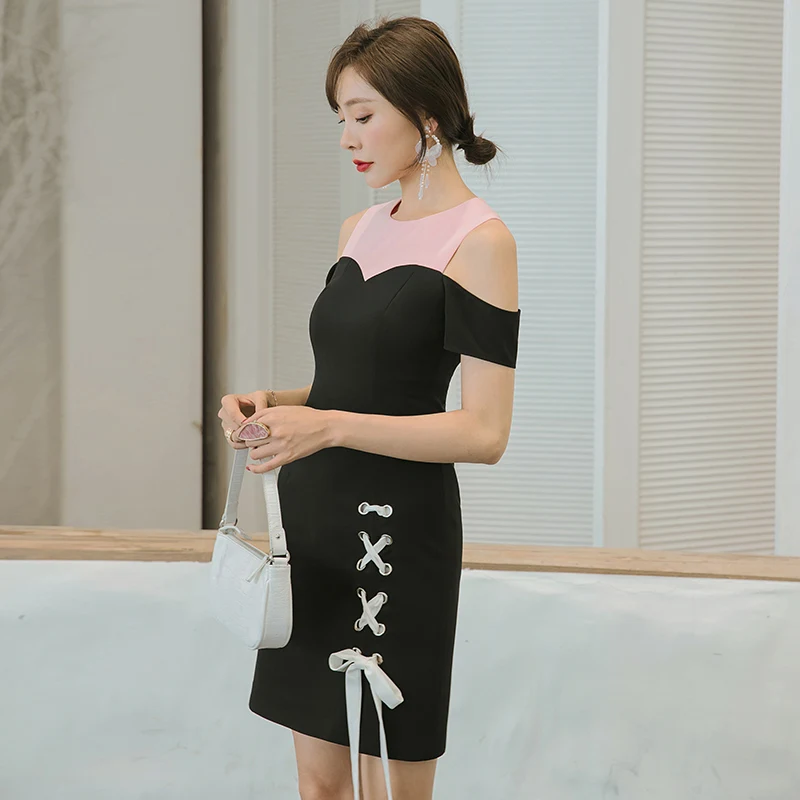 

YIGELILA Summer New Arrivals Patchwork Dress O-neck Short Sleeves Sexy Dress Sheath Above Knee Mini With Bandage Dress 65254