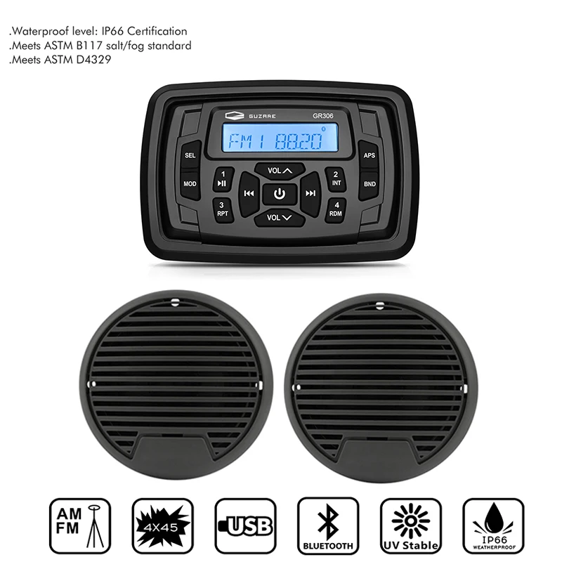 

Waterproof Marine Stereo Bluetooth Boat Audio Radio AM FM Receiver MP3 Player+3inch Marine Speakers For RV Pool Yacht Motorcycle