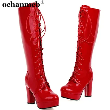 

New 2021 Winter Shiny Patent Leather Knee High Boots Shoes Women Woman Square High Heels Platformed Tall Boots Lace up Shoes 48