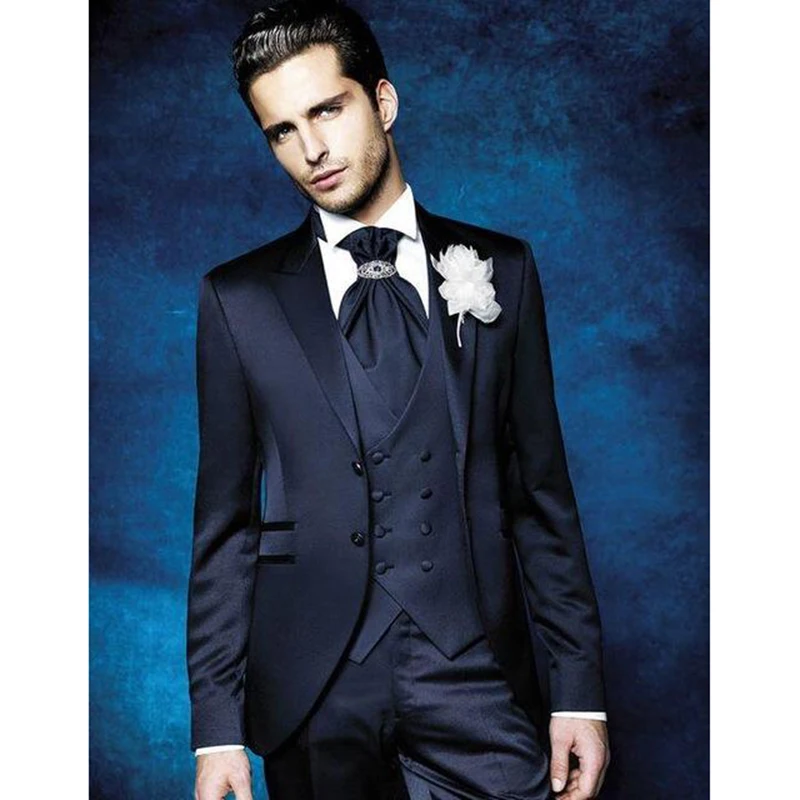 

Tailor Made Navy Blue Formal Men Suit For Wedding Slim Fit Groom Tuxedos Costume Homme Terno 3 Pieces（Blazer Vest Pants）