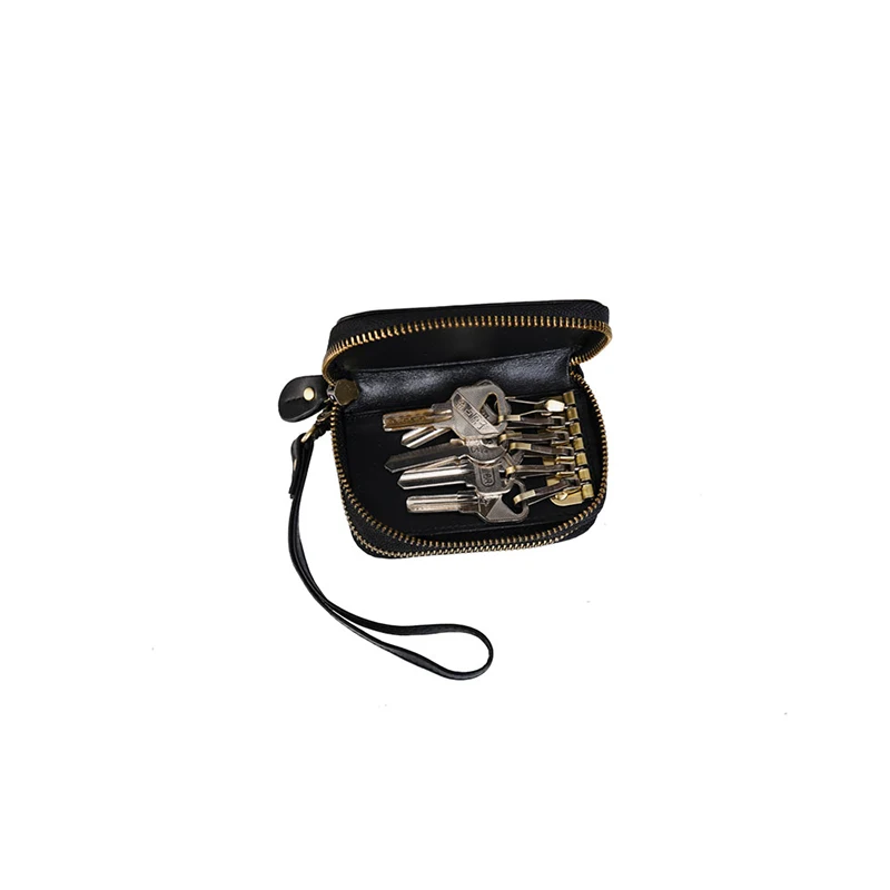 Cartera de cuero de grano completo Retro de cuero genuino pequeuna cartera de doble cremallera bolsillo llavero Mini monedero