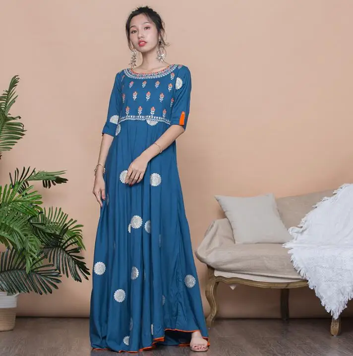 Женские модные комплекты в этническом стиле хлопок Индия Kurtas три четверти рукав длинное платье