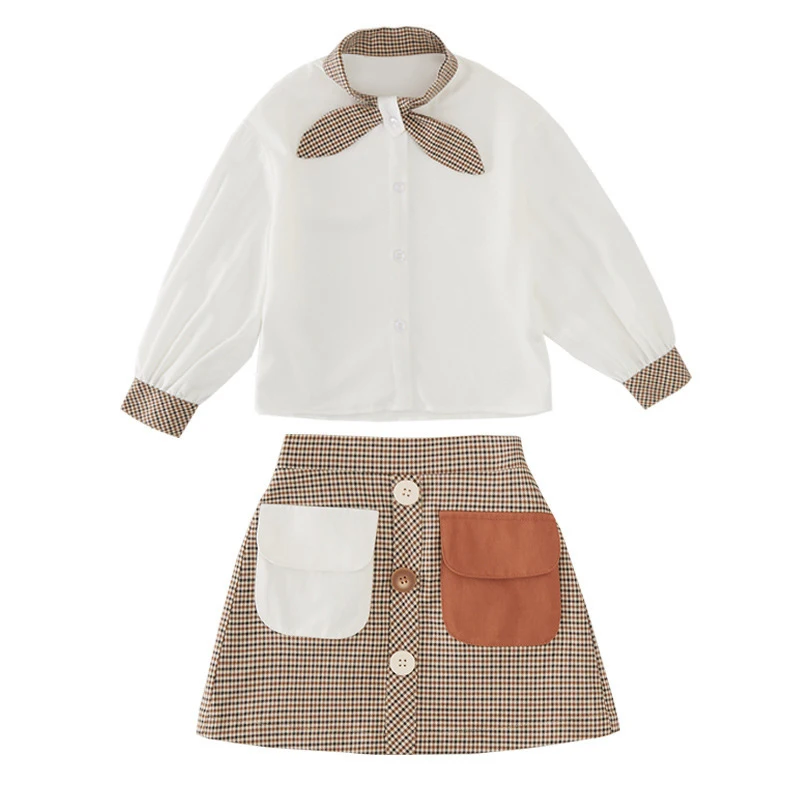 Sodawn/осень г., модные комплекты одежды для девочек комплект из 2 предметов: белая блузка+ клетчатые юбки для детей-подростков от 4 до 13 лет
