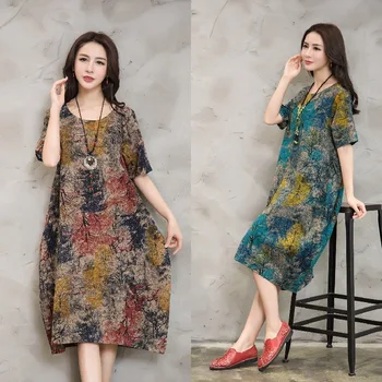 

2019 Summer New Style Korean-style WOMEN'S Short Sleeve Shirt Dress Cotton Linen Printed Loose And Plus-sized Skirt
