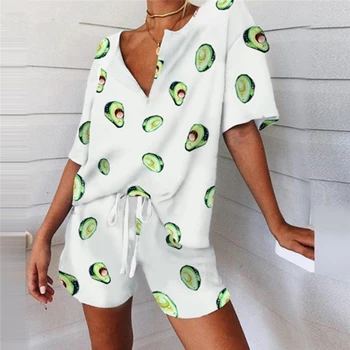 

Women's Print Pajama Set Summer 2 Piece Set Women's Tracksuit T-Shirt Suits Female Casual Suits 2020 V-neck Top