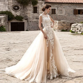 

Custom Made Mermaid Wedding Dress With Detachable Train Vestido De Novia Sirena Appliques Champagne 2 In 1 Wedding Gowns Mariage