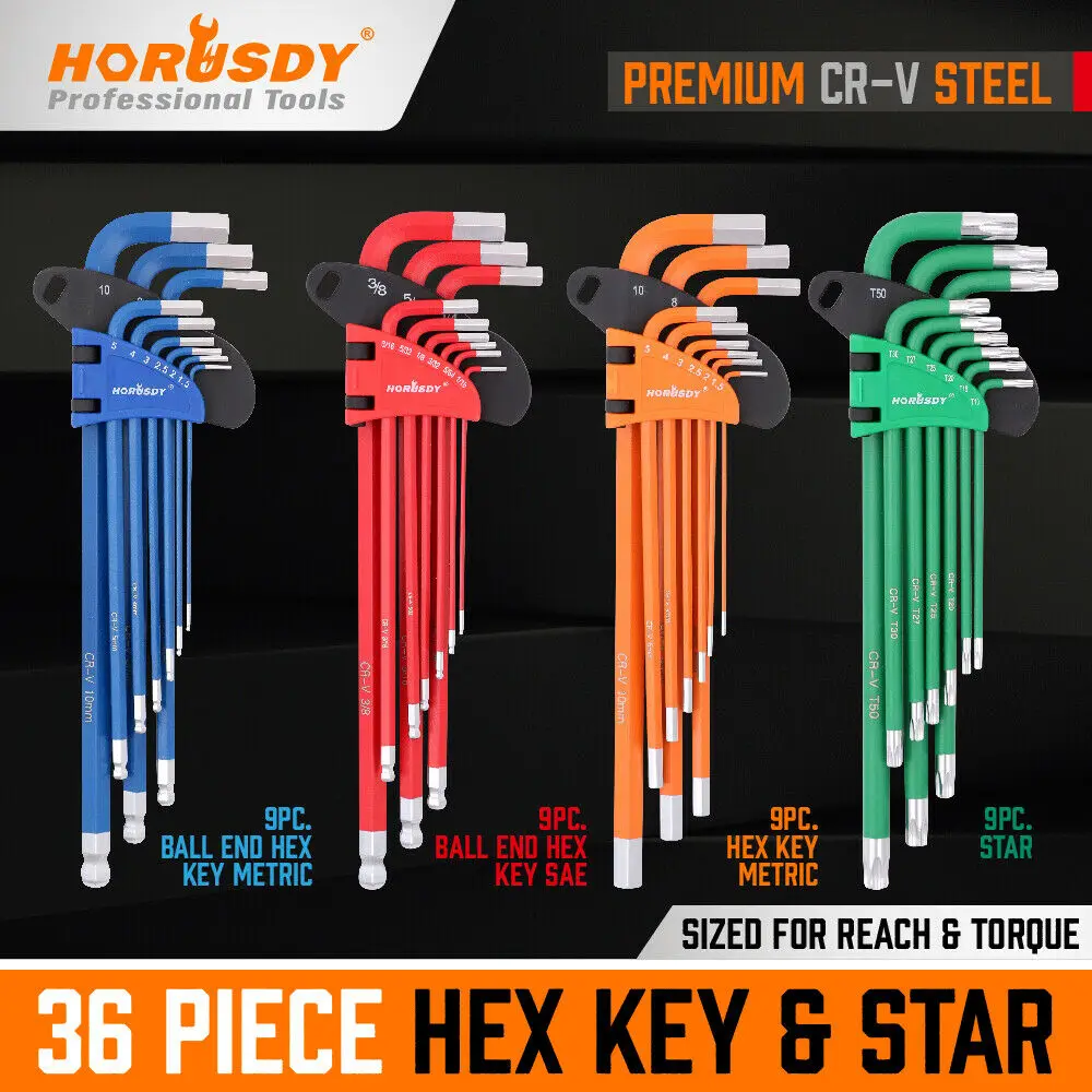 

2021-SEDY 36pc Hex Key Allen Wrench Set Ball End SAE Metric Star Long Arm Industrial Grade