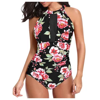 

Women Swimwear Swimsuit Sexy Summer One Piece Flower Print Keyhole Mesh Halter Ruched Monokini Swimwear Brazilian 2020 #313