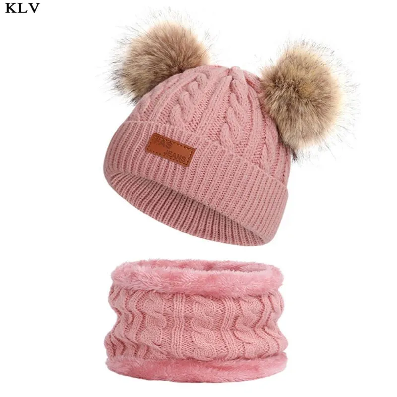 Pink Детская зимняя шапка бини Бесконечность шарф Набор милый пушистый помпон шапка шеи Теплый - Цвет: Pink