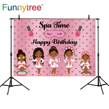 

Funnytree Spa Party Birthday Background Bridal Shower Pink Girls Bathrobe Makeup Backdrop Photozone Photocall Banner Decoration