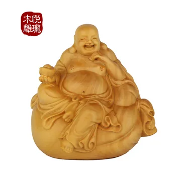 

Wood carving happiness Buddha statue, wood crafts gift Home desktop decoration office ornaments (A1095)