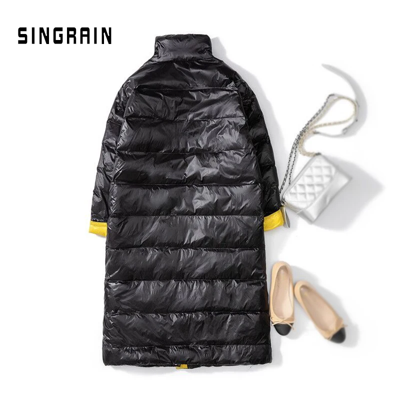 SINGRAIN, зимнее женское длинное пуховое пальто со стоячим воротником, большие размеры, пуховики, уличная одежда, повседневное корейское Женское пальто, пуховик